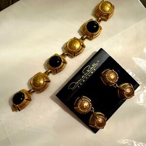 Vintage Rare Oscar De La Renta Bracelet and Clip Earring Set, Goldtone and Black